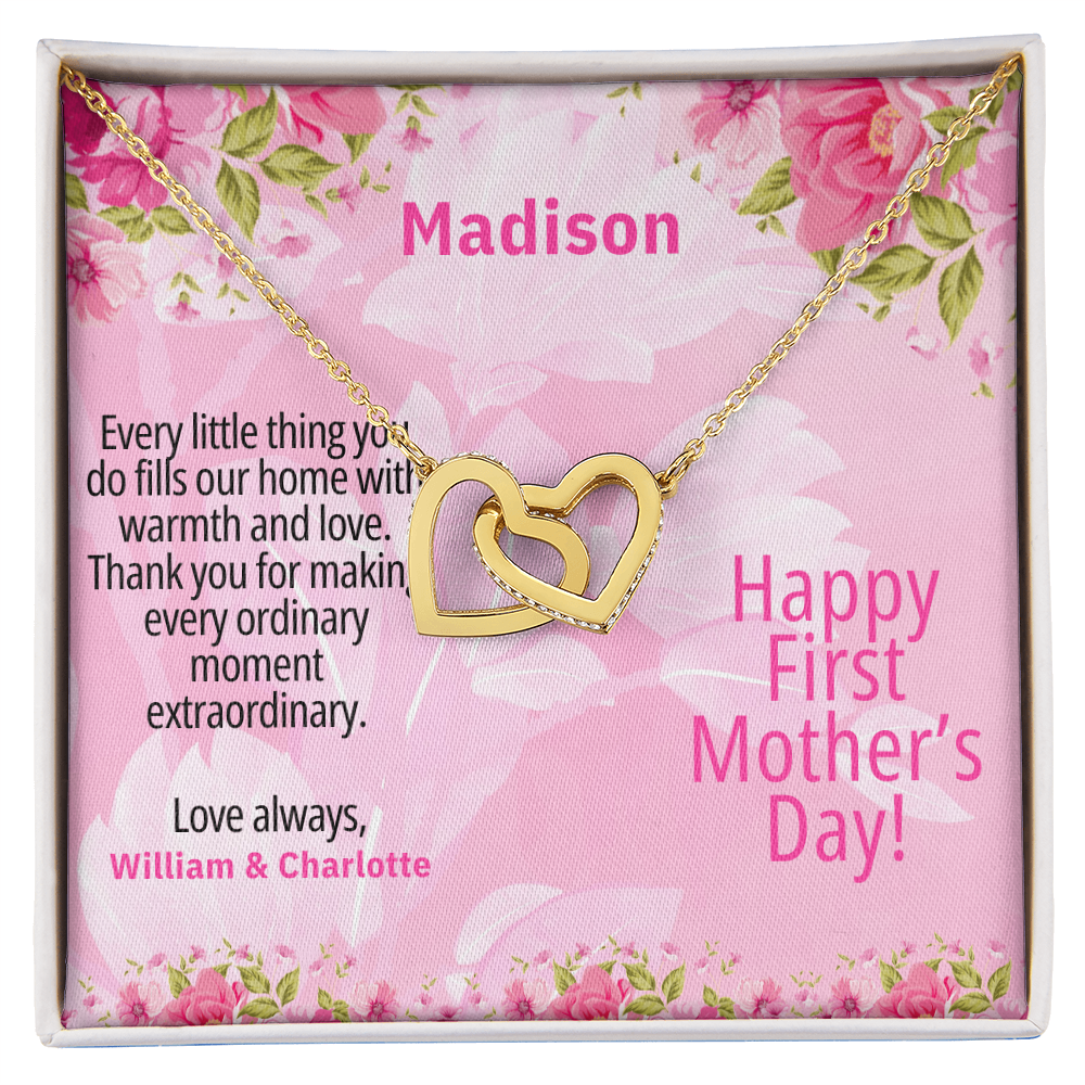 Personalized First Mother's Day Necklace – Interlocking Hearts with Custom Message Card