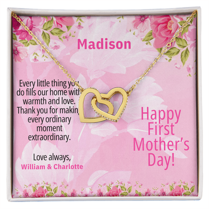 Personalized First Mother's Day Necklace – Interlocking Hearts with Custom Message Card