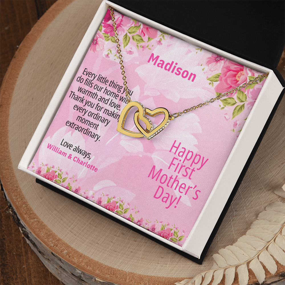 Personalized First Mother's Day Necklace – Interlocking Hearts with Custom Message Card