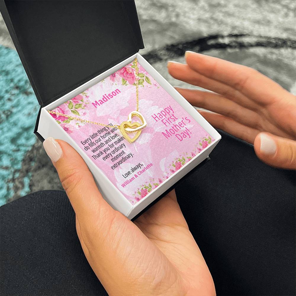 Personalized First Mother's Day Necklace – Interlocking Hearts with Custom Message Card