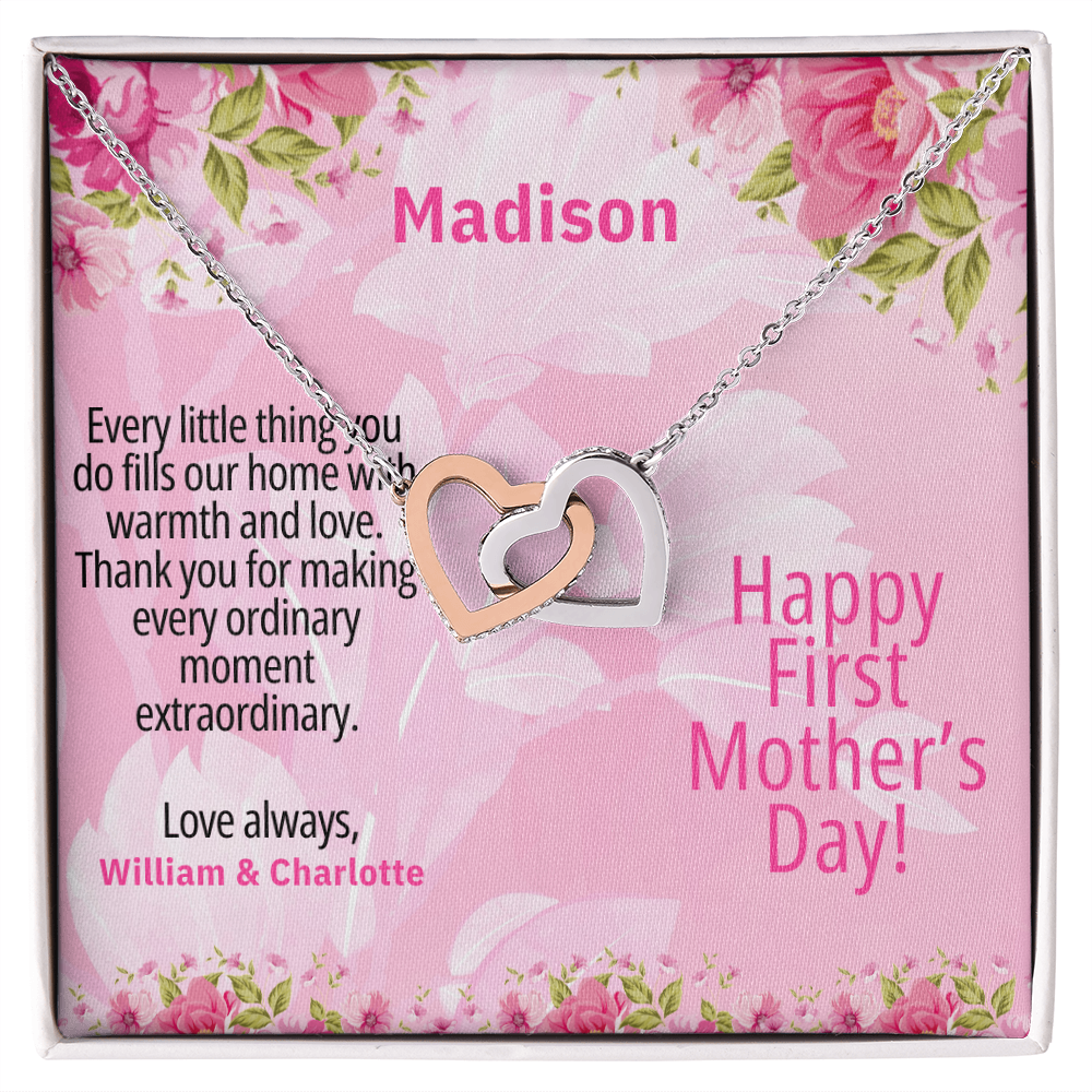 Personalized First Mother's Day Necklace – Interlocking Hearts with Custom Message Card