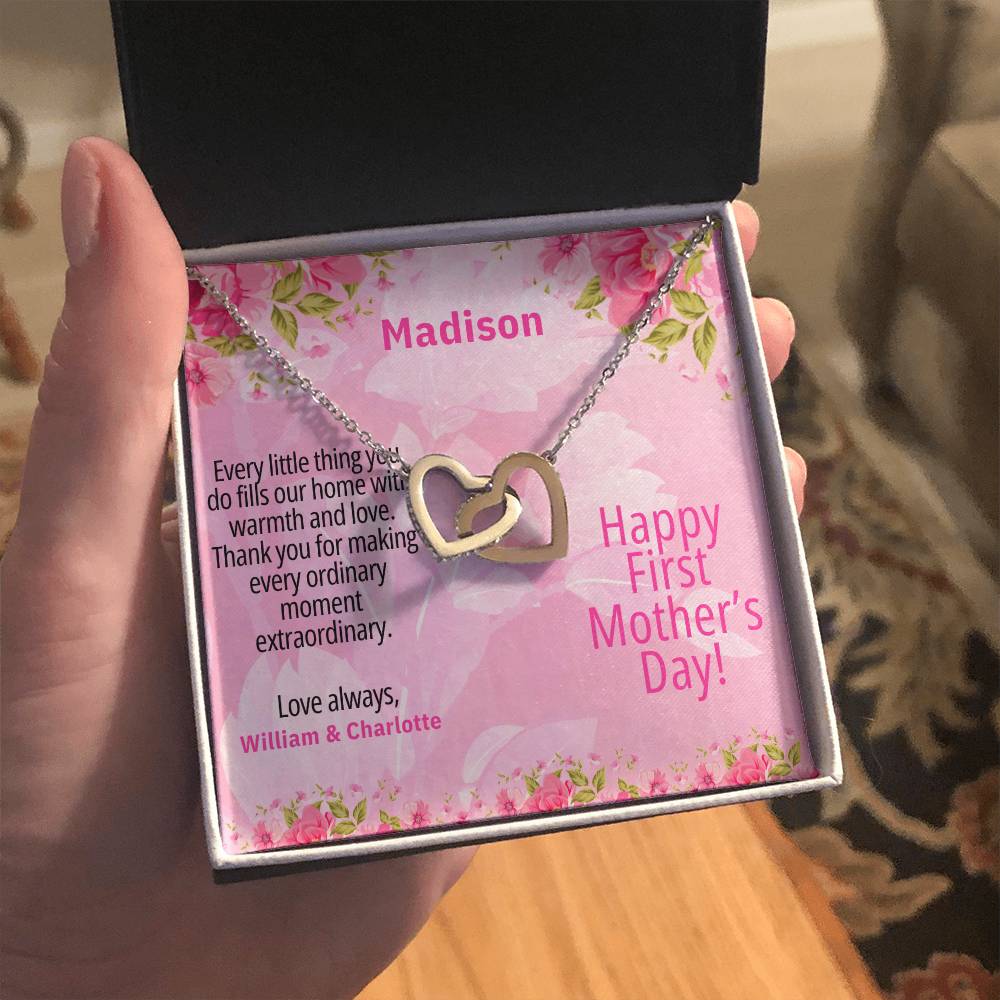 Personalized First Mother's Day Necklace – Interlocking Hearts with Custom Message Card