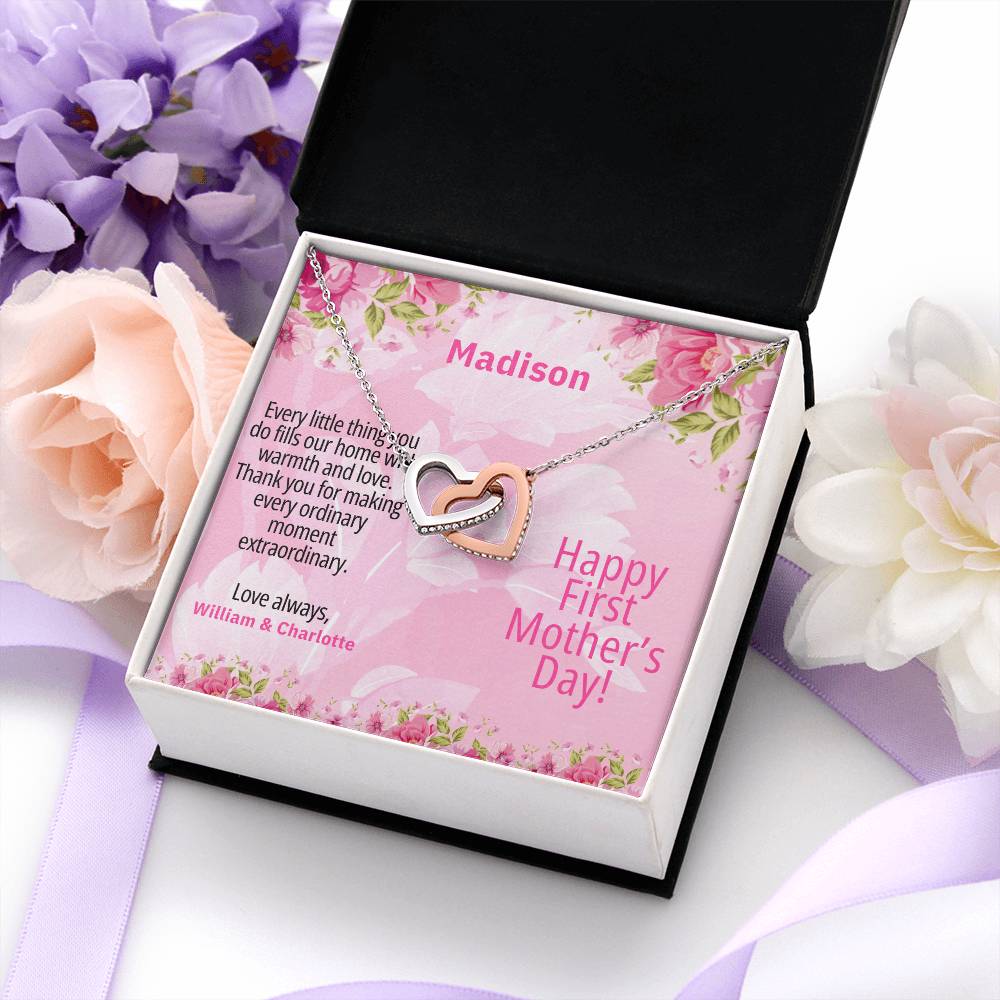 Personalized First Mother's Day Necklace – Interlocking Hearts with Custom Message Card