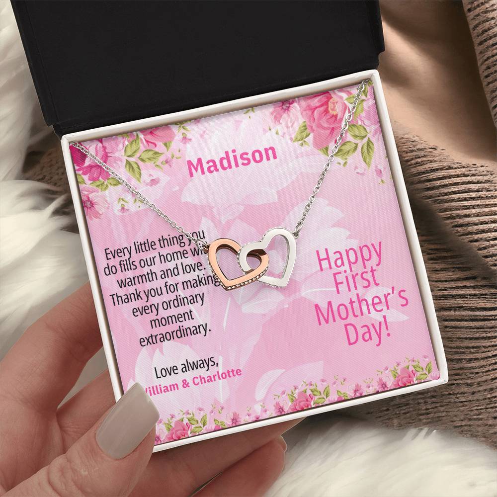 Personalized First Mother's Day Necklace – Interlocking Hearts with Custom Message Card