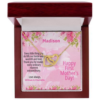 Personalized First Mother's Day Necklace – Interlocking Hearts with Custom Message Card