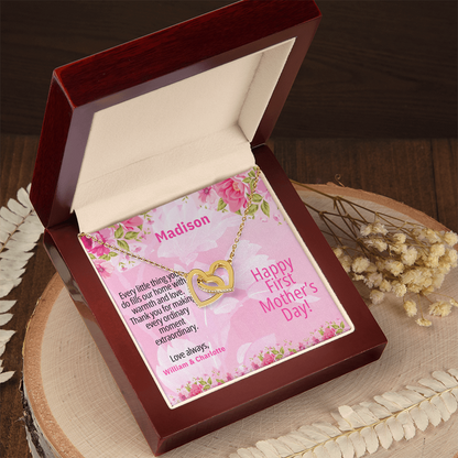 Personalized First Mother's Day Necklace – Interlocking Hearts with Custom Message Card