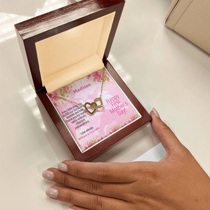 Personalized First Mother's Day Necklace – Interlocking Hearts with Custom Message Card