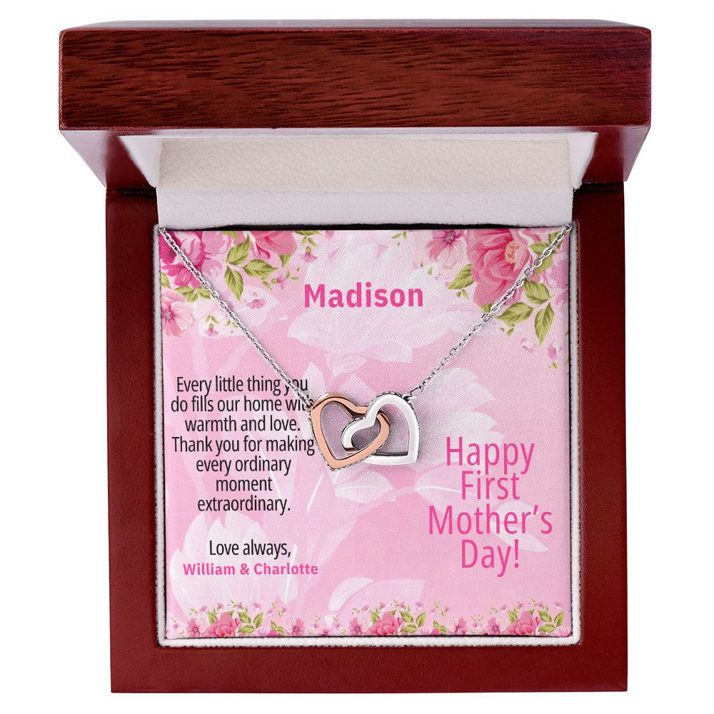 Personalized First Mother's Day Necklace – Interlocking Hearts with Custom Message Card