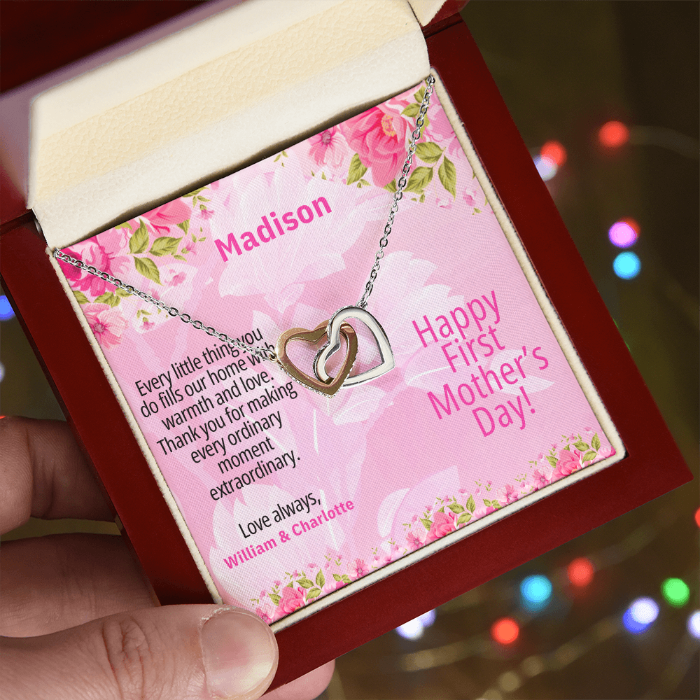 Personalized First Mother's Day Necklace – Interlocking Hearts with Custom Message Card