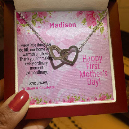 Personalized First Mother's Day Necklace – Interlocking Hearts with Custom Message Card